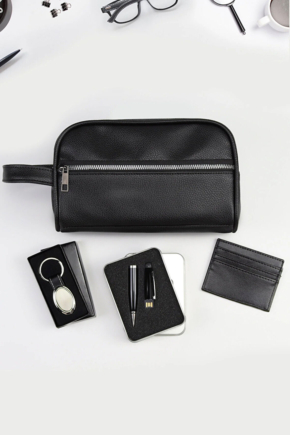 Babalar Gününe Özel Erkek El Çantası & Anahtarlık & Siyah Kartlık & USB Touch Kalem Hediye Seti