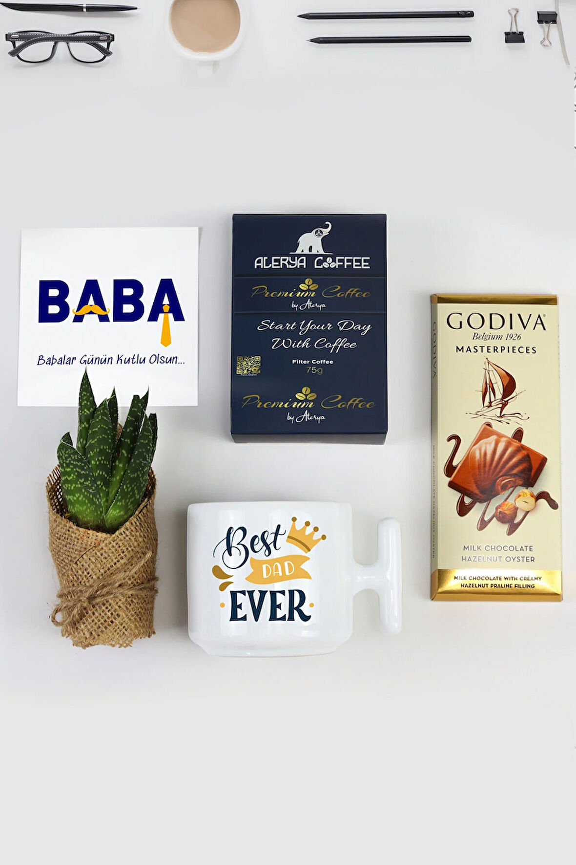 Babalar Gününe Özel Alerya Premium Filtre Kahve & Çikolata & Kupa & Canlı Sukulent Çiçek Hediye Seti
