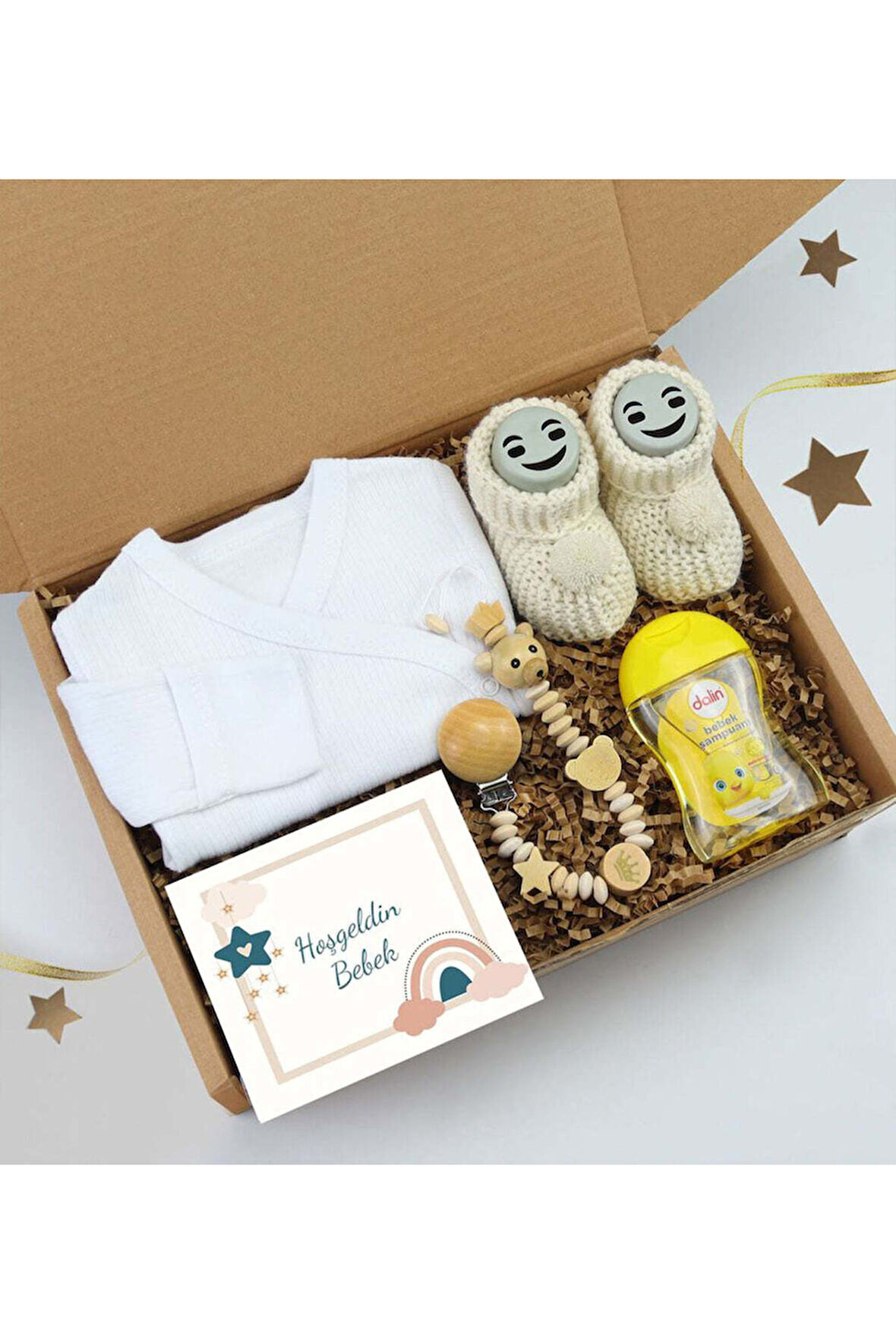 Yenidoğan Bebek Zıbını & Örme Patik & Ahşap Figürlü Emzik Tutucu & Dalin Bebek Şampuanı Hediye Seti
