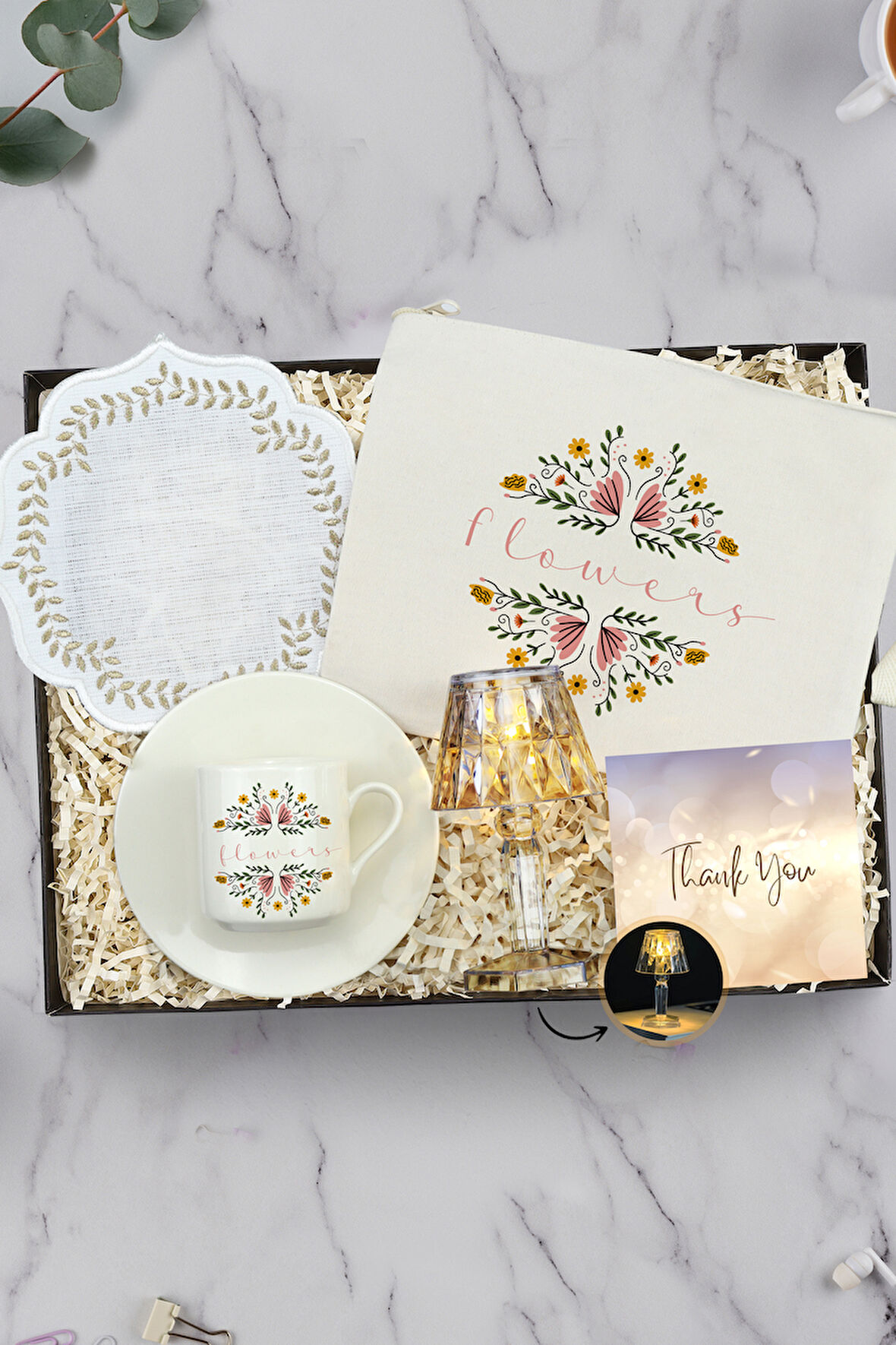 Kahve Fincanı & Ham Bez Çanta & Sunum Kahve Peçetesi & Kristal Mini Abajur Hediye Seti