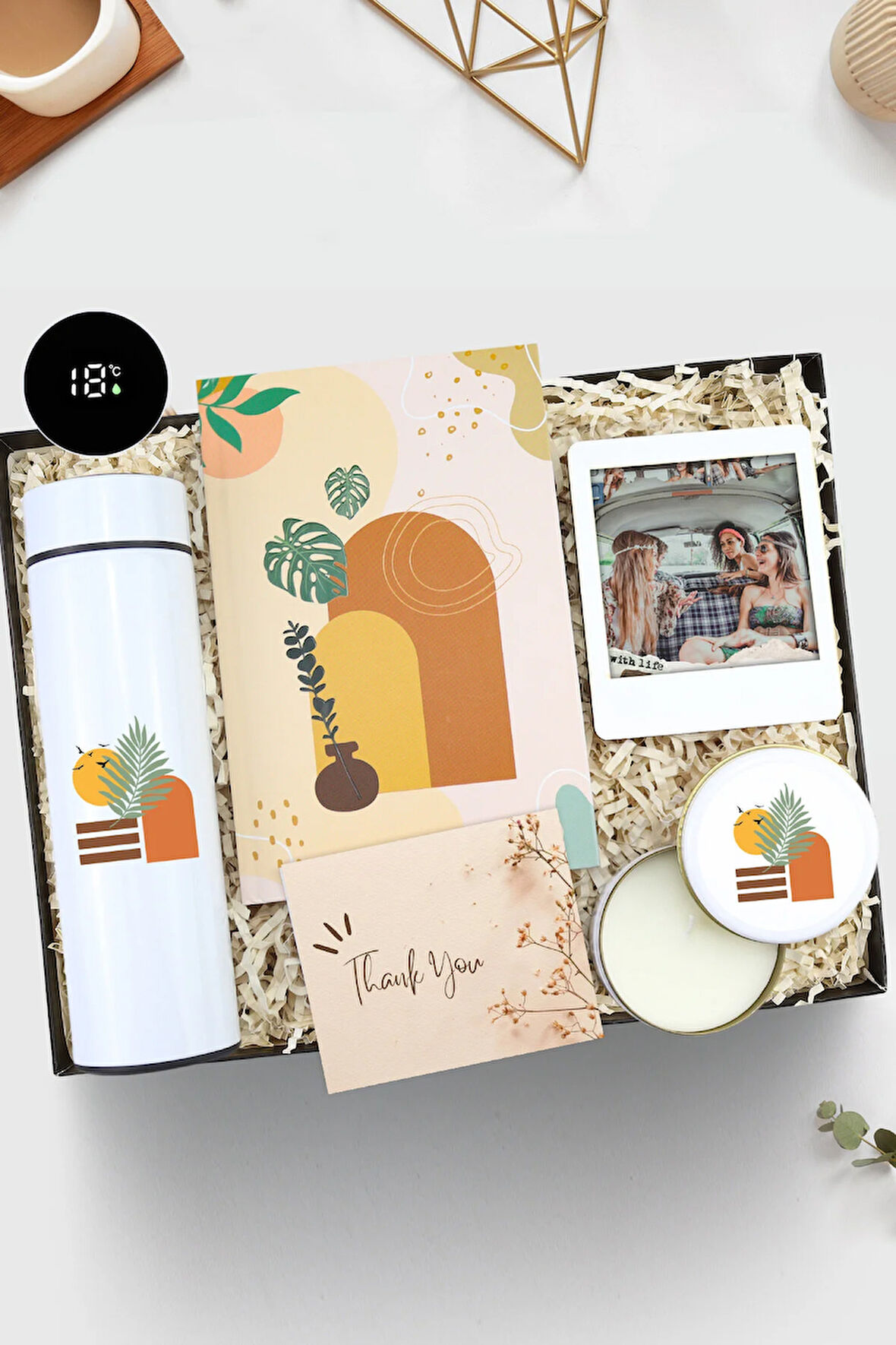 Özel Tasarım Dereceli Termos & Çerçeve & Tasarım Defter & Beyaz Metal Kutulu Mum Hediye Seti