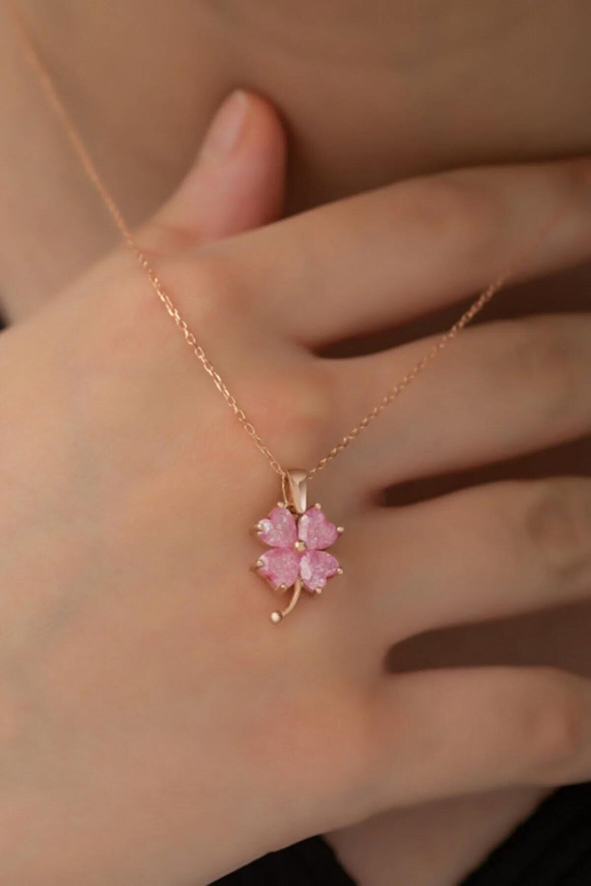 925 Ayar Gümüş Pembe Taşlı Yonca  Kolye Kadın Gümüş Kolye