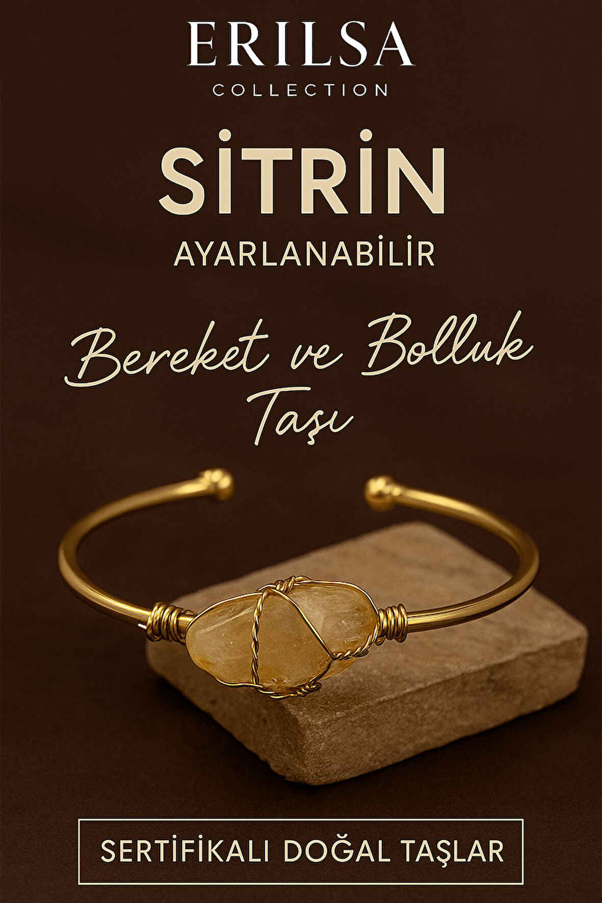 Sertifikalı Ayarlanabilir Sitrin Doğal Taş Bileklik – 24K Altın Kaplama Bereket ve Bolluk