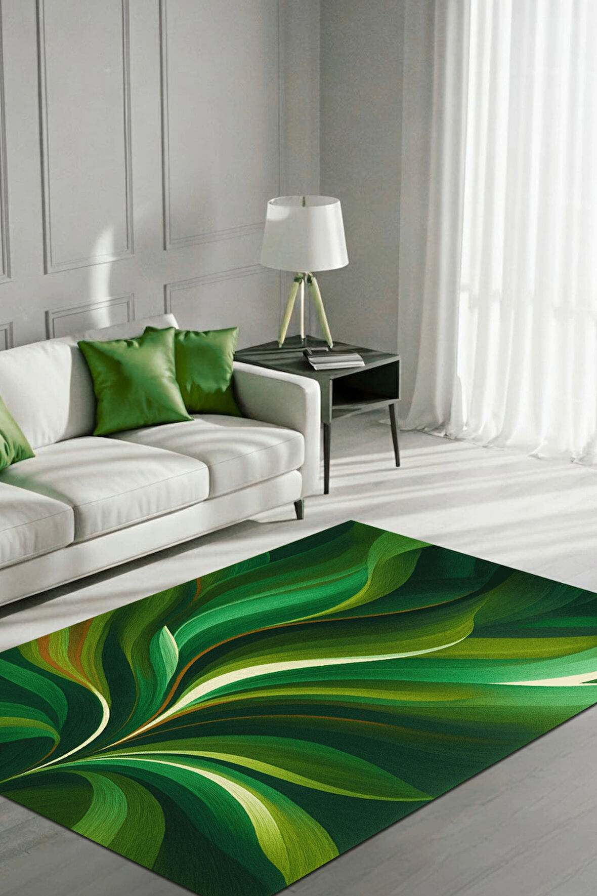 The Reef Design Yeşil Yaprak Desenli Halı Dijital Baskılı Dokuma Kaymaz Tabanlı Yıkanabilir Antialerjik Salon Halısı