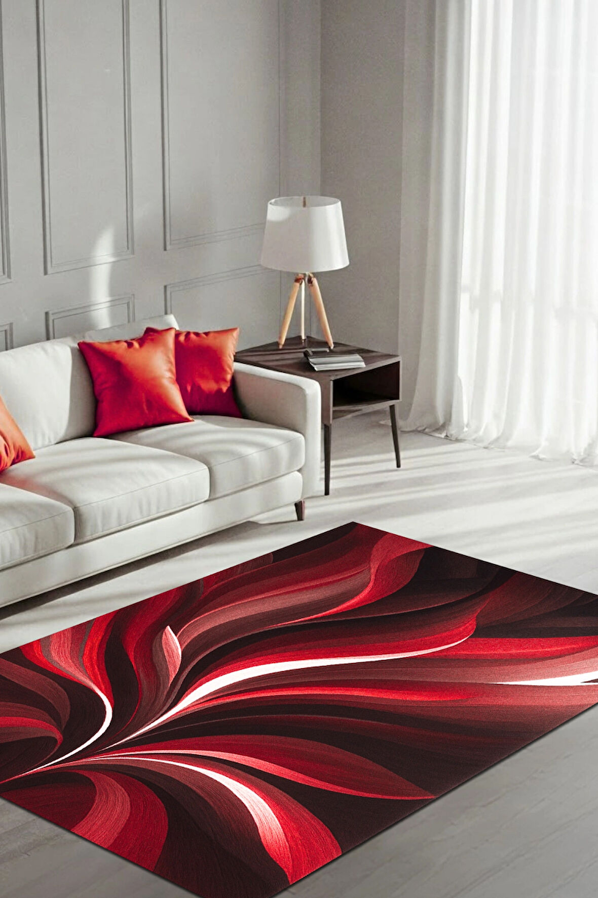 The Reef Design Kırmızı Yaprak Desenli Halı Dijital Baskılı Dokuma Kaymaz Tabanlı Yıkanabilir Salon Halısı