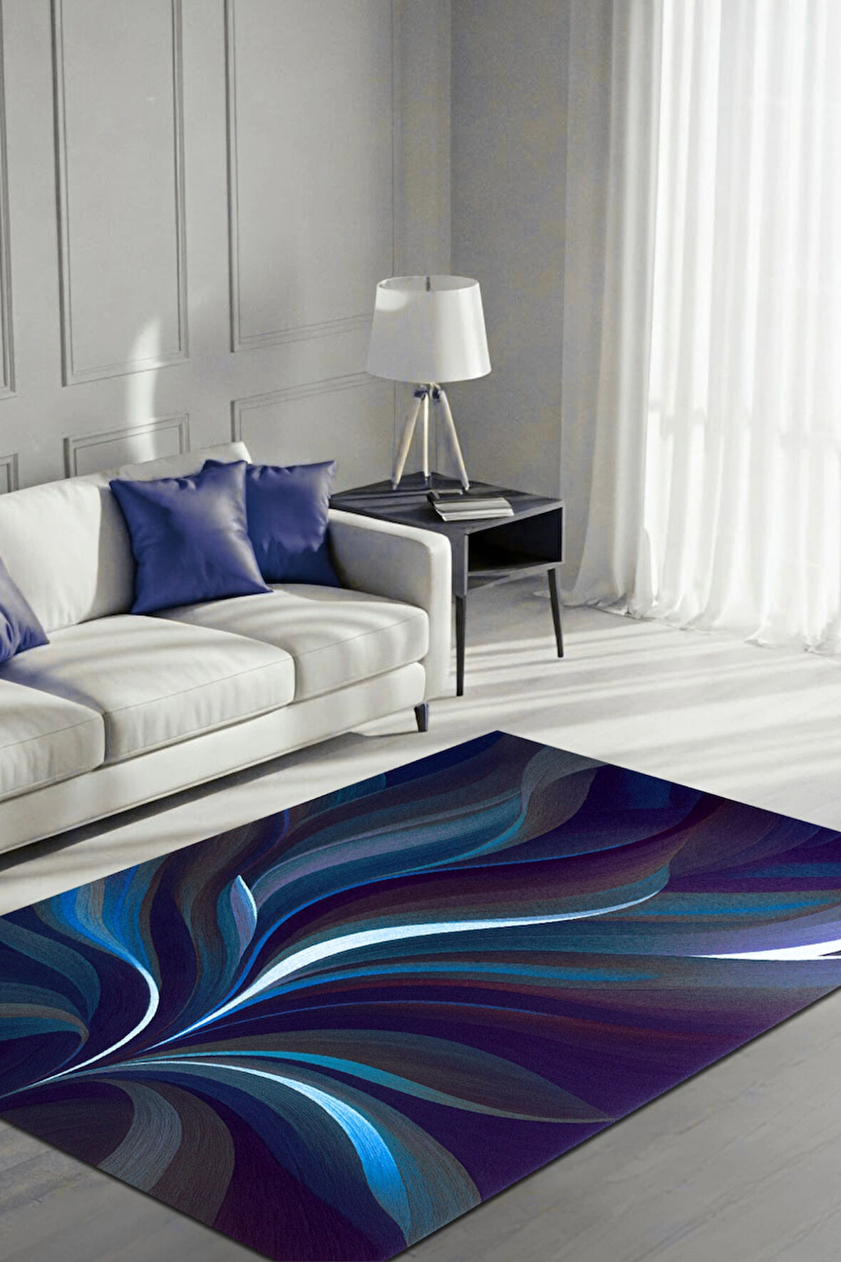 The Reef Design Yaprak Desenli Lacivert Halı Dijital Baskılı Dokuma Kaymaz Tabanlı Yıkanabilir Oturma Odası Halısı