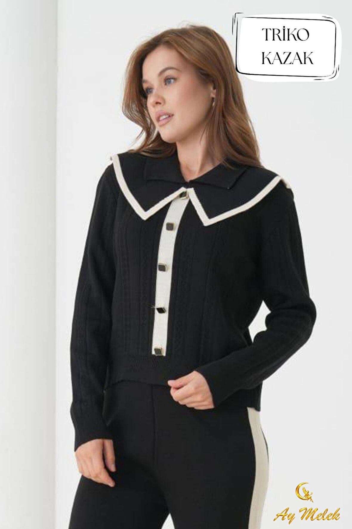 Kadın Triko Hırka Biyeli Geniş Düz Yaka Düğmeli Hırka