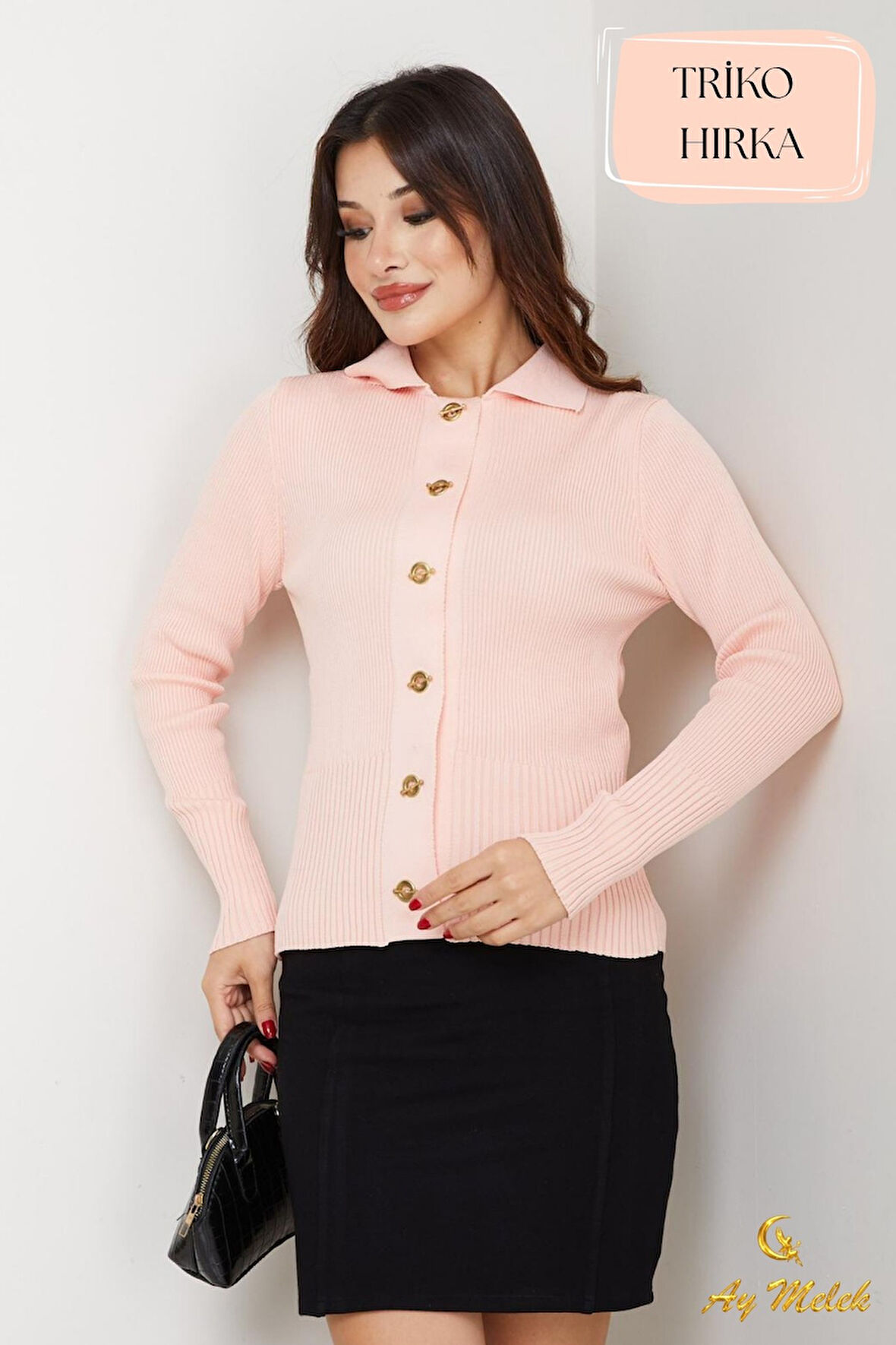 Kadın Triko Polo Yaka Kısa Fitilli Düğmeli Hırka