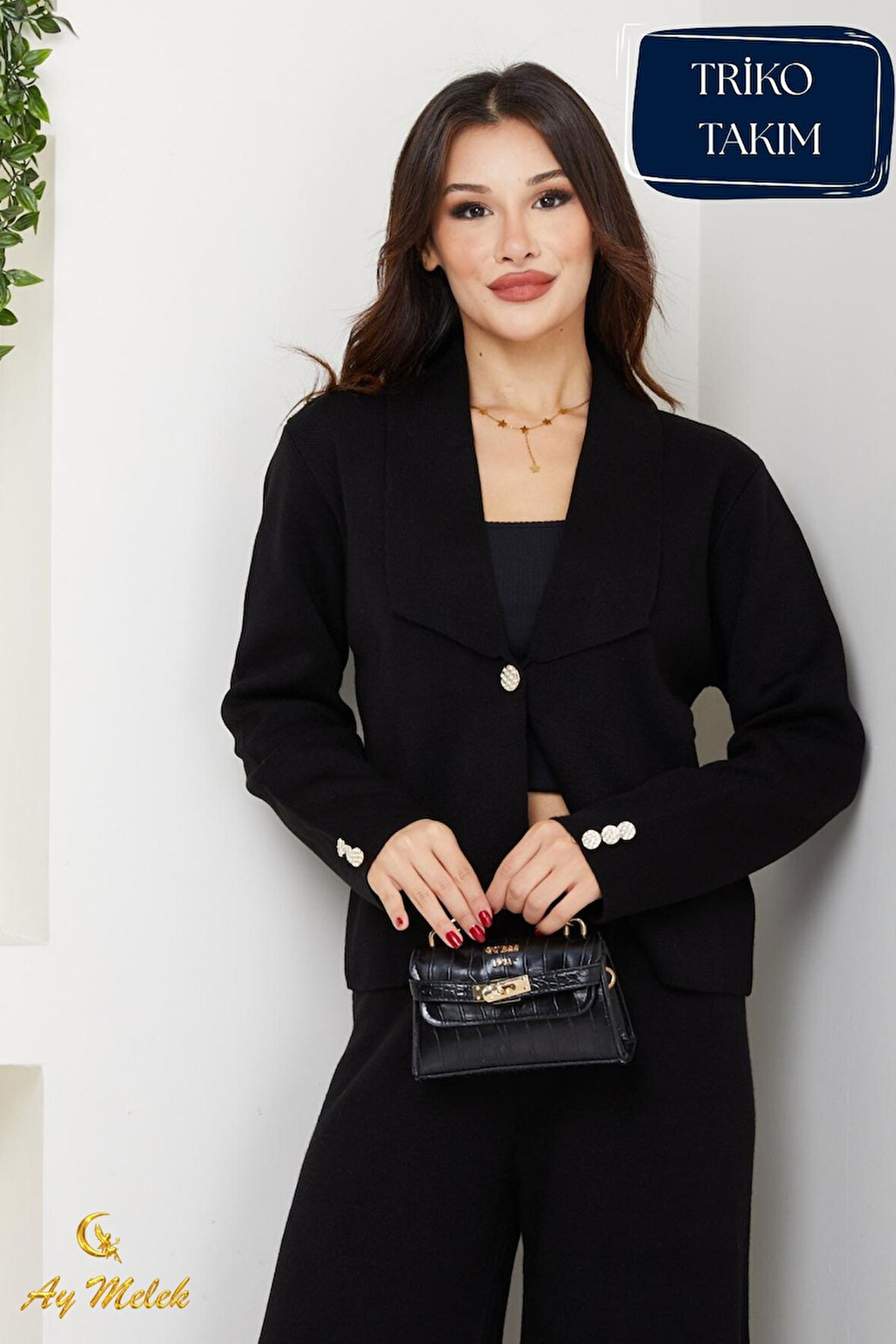 Kadın Triko Takım Düğmeli Şal Yaka Şık Pantolon Takım