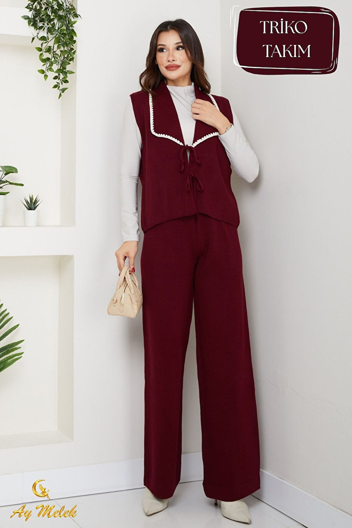 Kadın Triko Takım Şal Yaka Yelekli Pantolon Takım