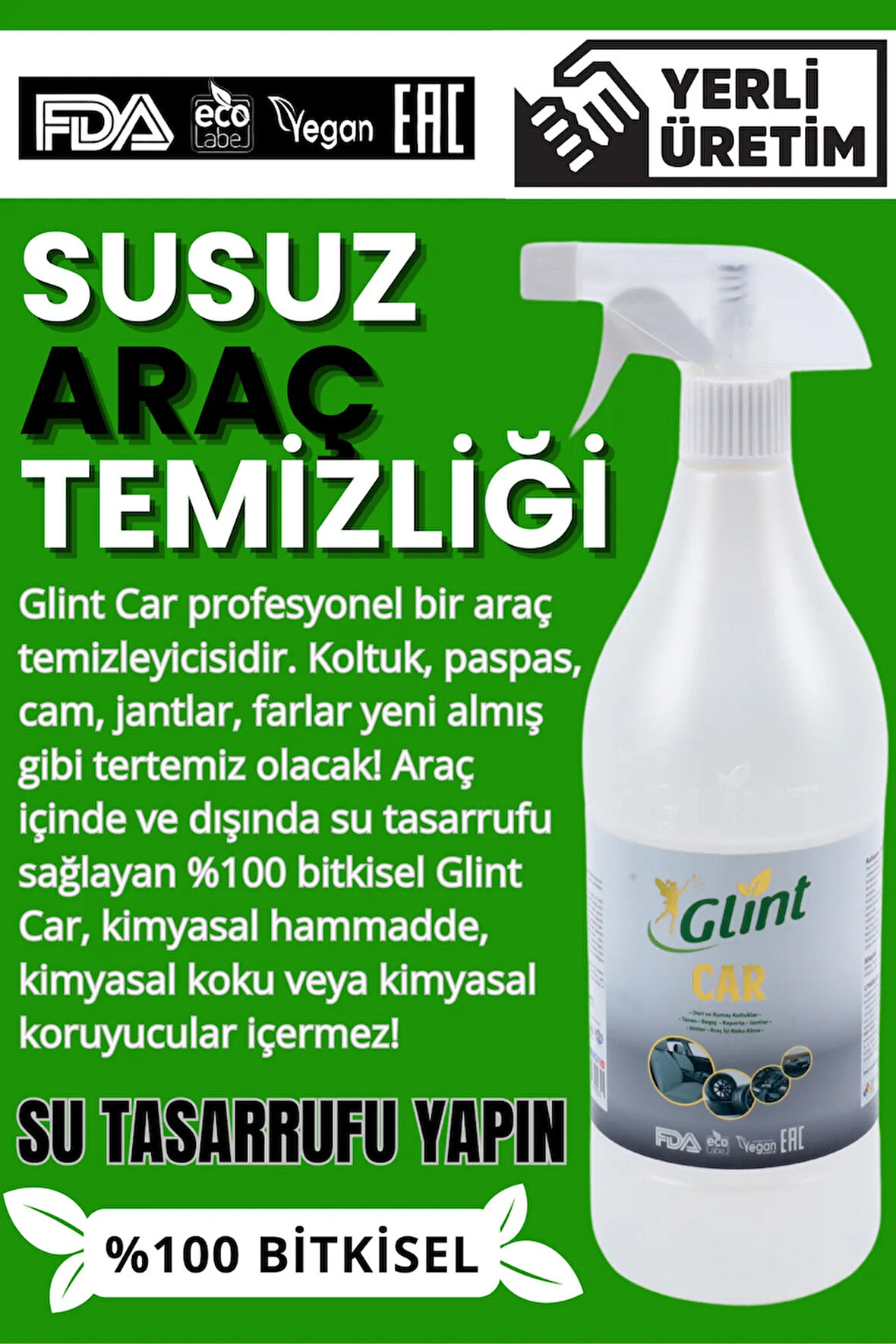 Glint  Car 1 Litre %100 Bitkisel Çok Amaçlı Oto Temizleyici Araç Far Koltuk Paspas Temizleme Jant Parlatıcı