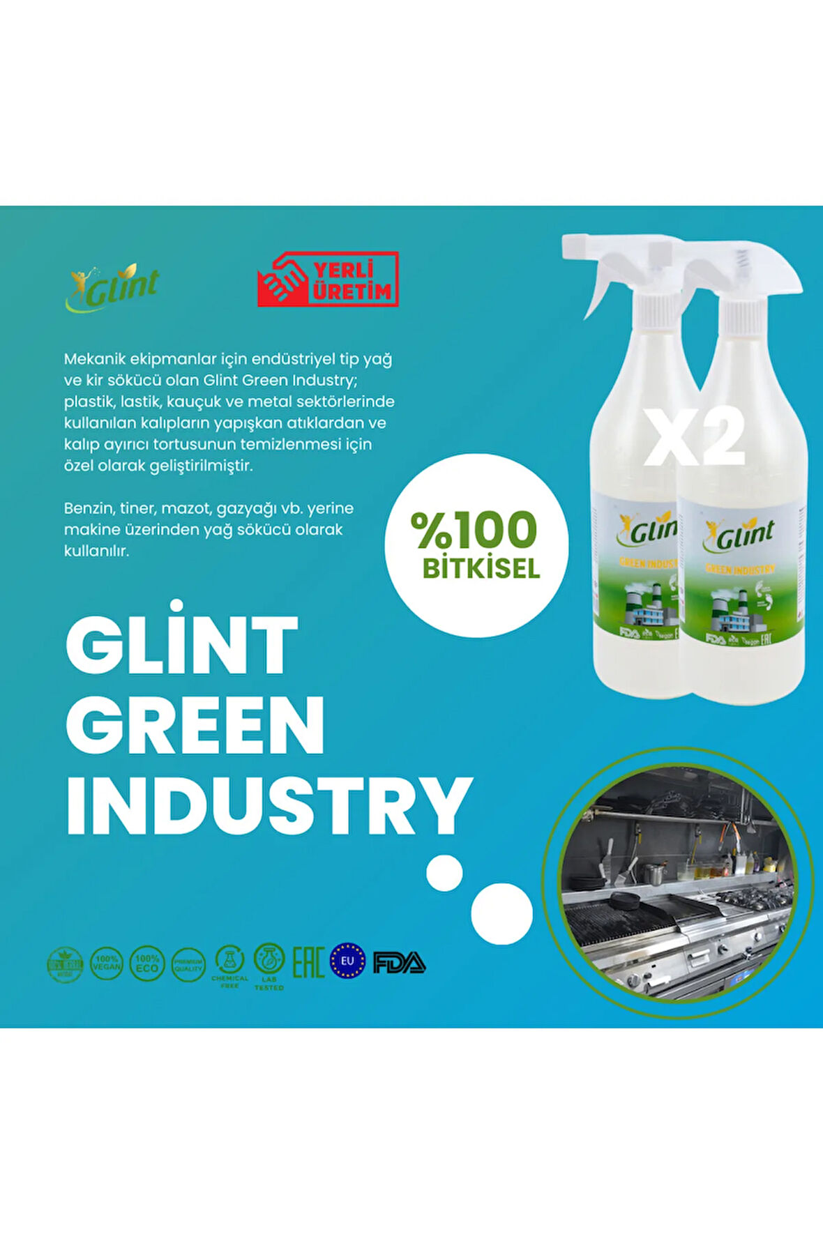 Glint  Green Industry 2 X 1 Lt. %100 Bitkisel Yüzey Ahşap Parke Mobilya Temizleyici