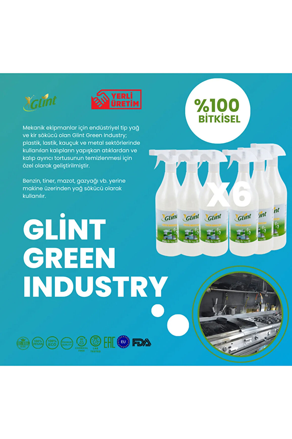 Glint  Green Industry 6 X 1 Lt. %100 Bitkisel Halı Döşeme Tül Perde Vegan Küf Temizleyici