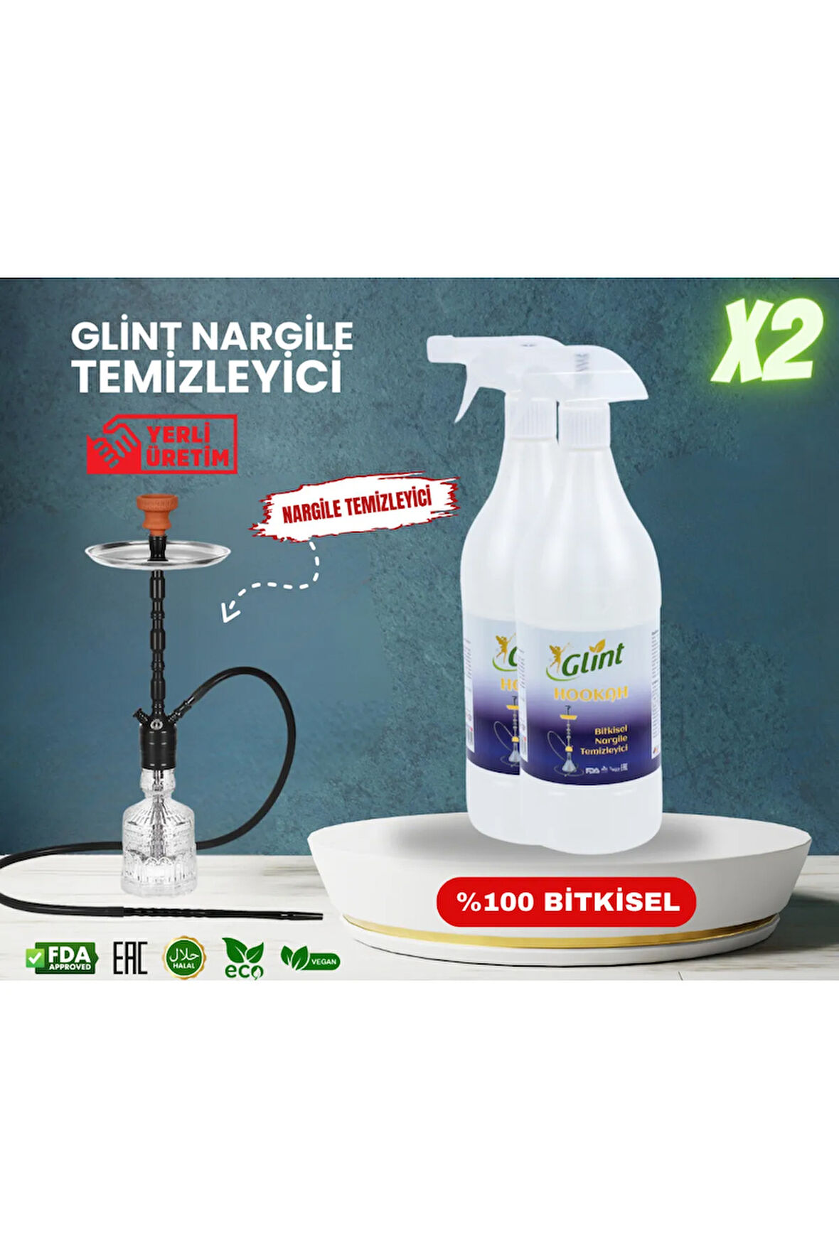 Glint  Hookah 2 X 1 Lt %100 Bitkisel Kimyasalsız Kokusuz Nargile Takımı Temizleyici Sprey