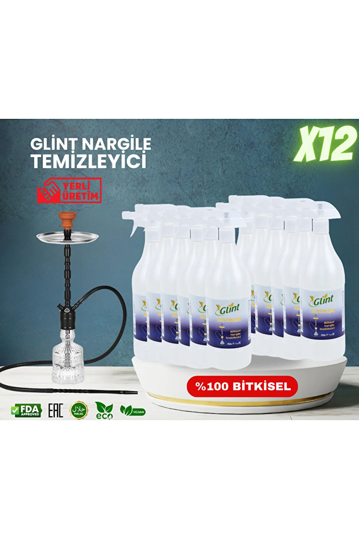 Glint  Hookah 12 X 1 Lt %100 Bitkisel Cam Metal Nargile Lüle Marpuç Temizleyici Spreyi