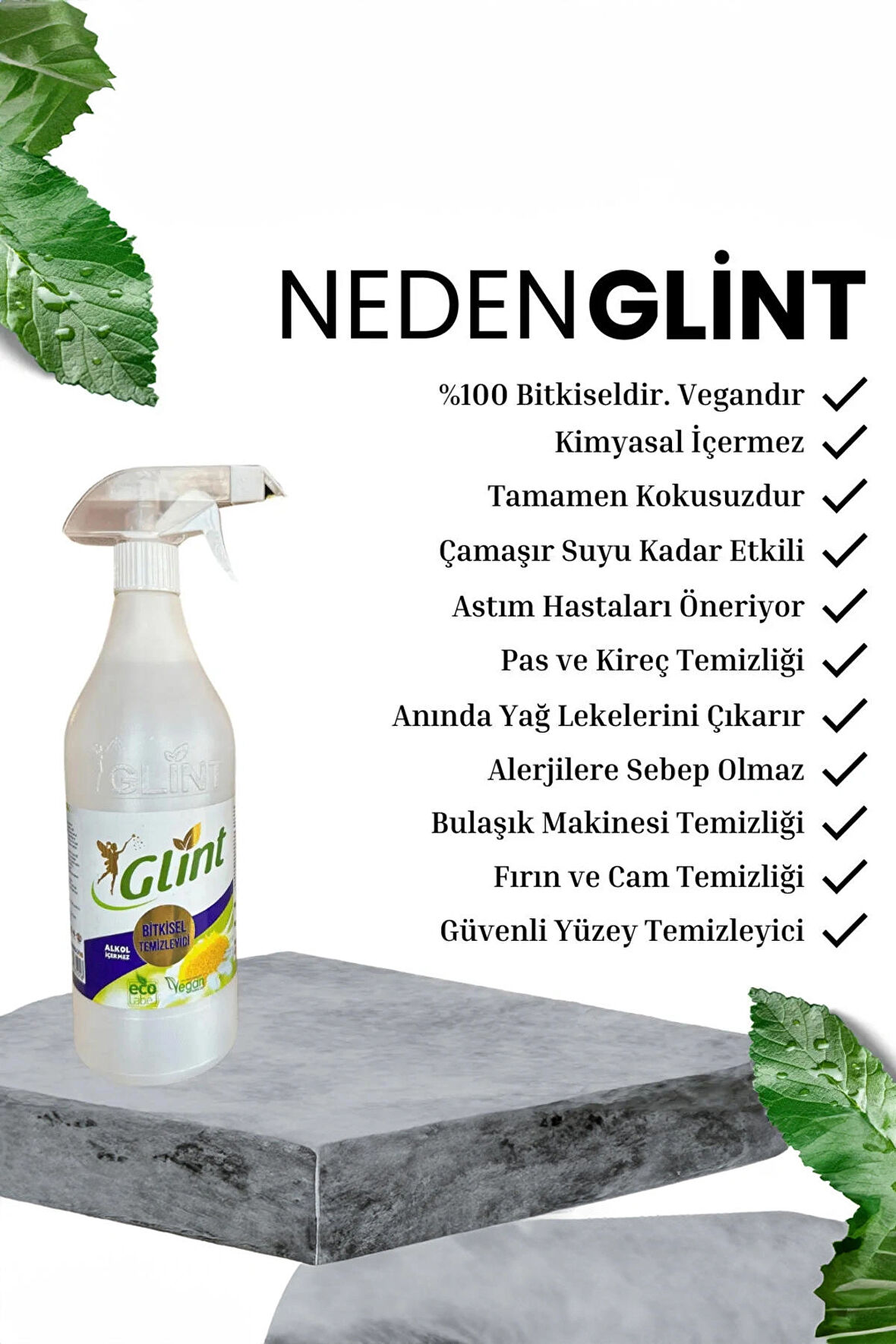 Glint 1 Litre %100 Bitkisel Leke Çıkarıcı Yağ Sökücü Çok Amaçlı Yüzey Temizleyici