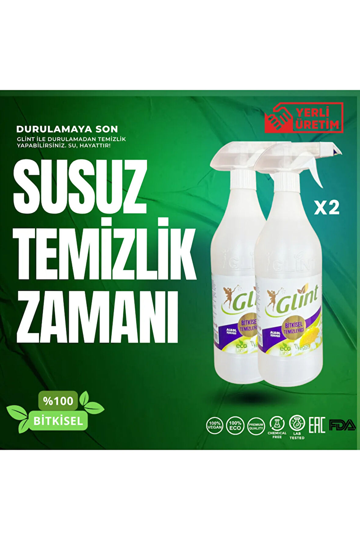 Glint  2 X 1 Lt %100 Bitkisel Çok Amaçlı Yüzey Temizleyici Airfryer Rezistans Temizlik Spreyi Yağ Çözücü