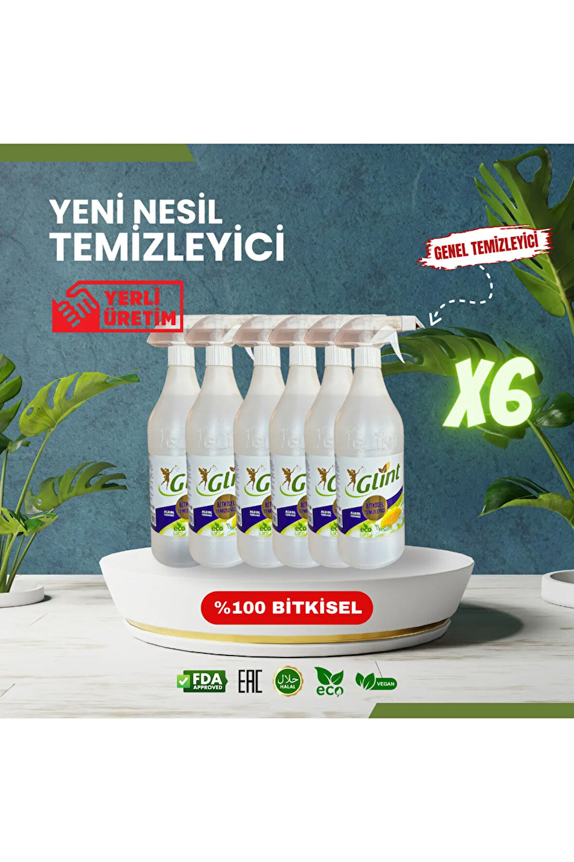 Glint  6 X 1 Lt %100 Bitkisel Çok Amaçlı Efsane Genel Temizleyici Tamamen Kokusuz