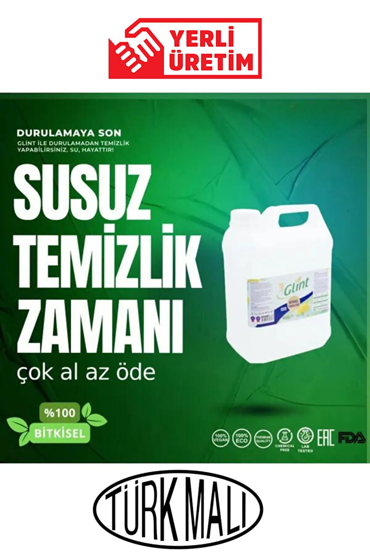 Glint  5 Litre %100 Bitkisel Yerli Üretim Çok Amaçlı Genel Temizlik Kimyasalsız Klorsuz Yüzey Temizleyici