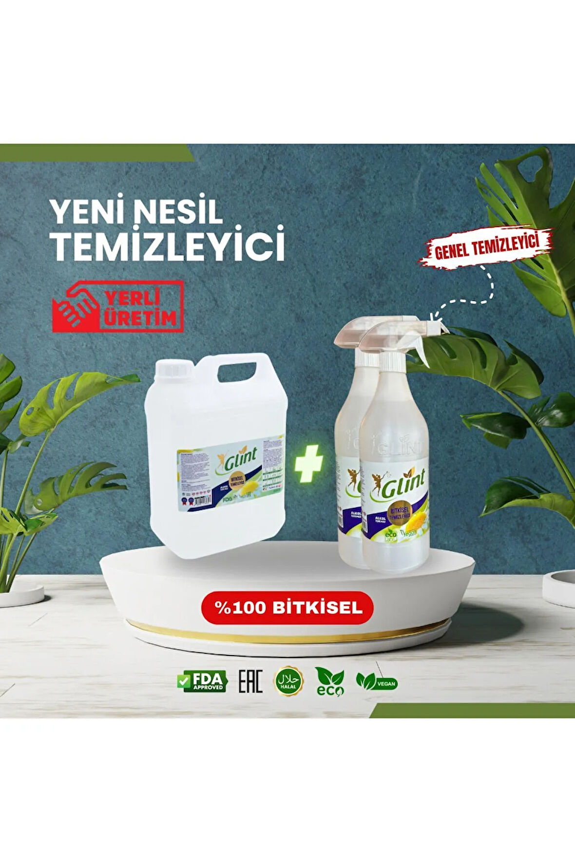 Glint  5 Lt 2 X 1 Litre %100 Bitkisel Bitkisel Banyo Ve Mutfak Temizleyici Yağ Sökücü Kireç Çözücü