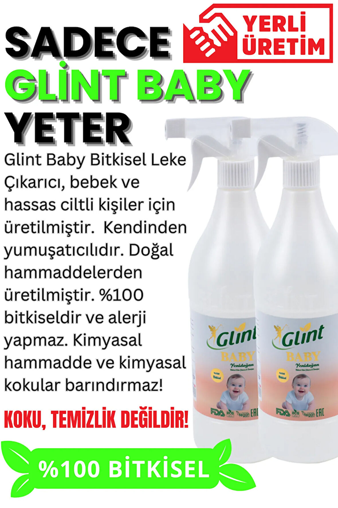 Glint  Baby 2x1 Lt Kimyasalsız %100 Bitkisel Yenidoğan Çamaşır Deterjanı Seti Kendinden Yumuşatıcılı Sprey