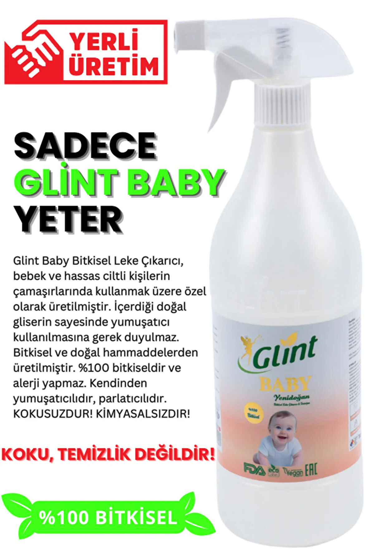 Glint  Baby 1 Litre %100 Bitkisel Çamaşır Leke Çıkarıcı Bebek Genel Temizleyici Sertifikalı