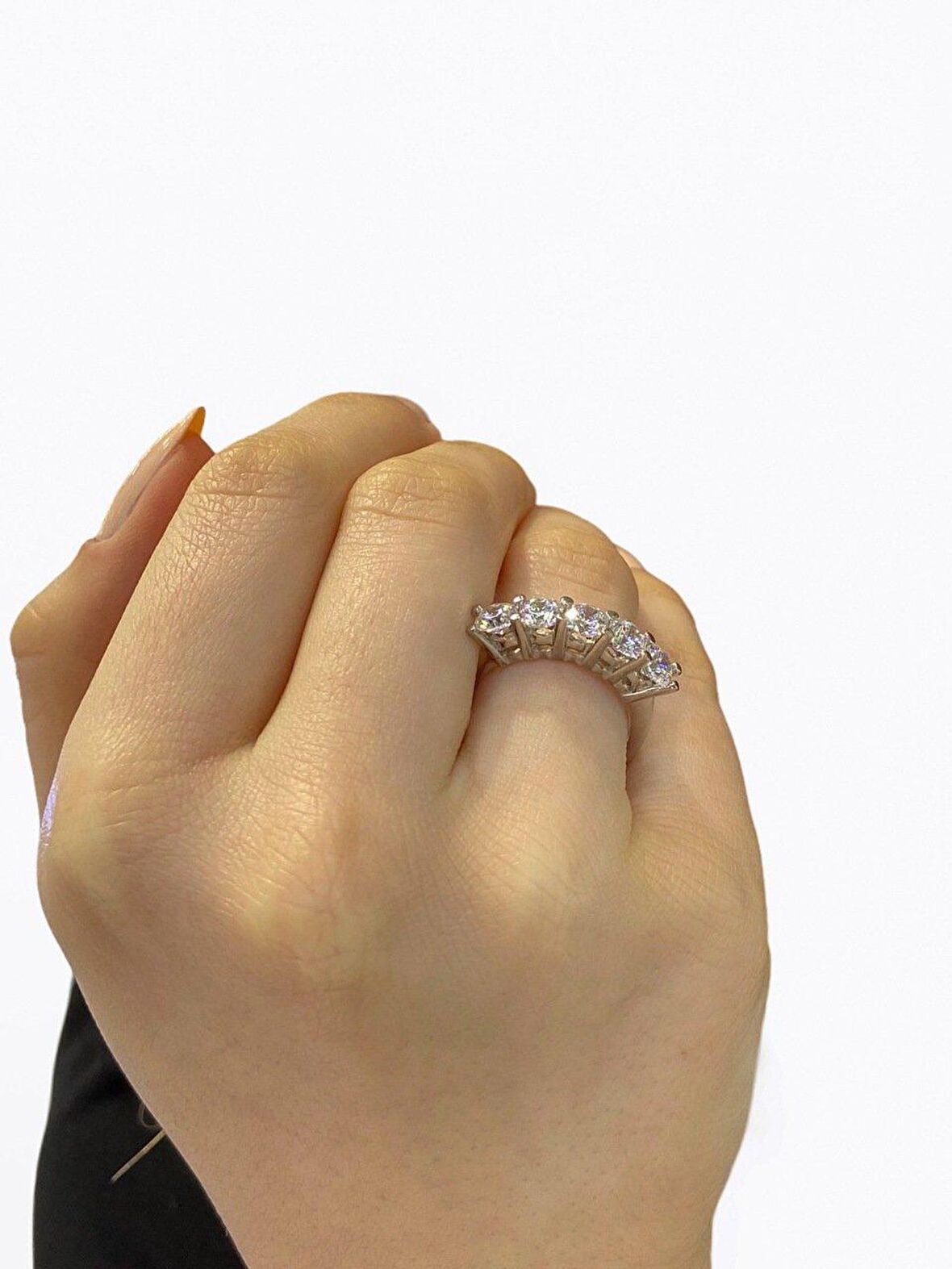 Sertifikalı Swarovski Taşlı  Beş Taş 925 Gümüş Yüzük