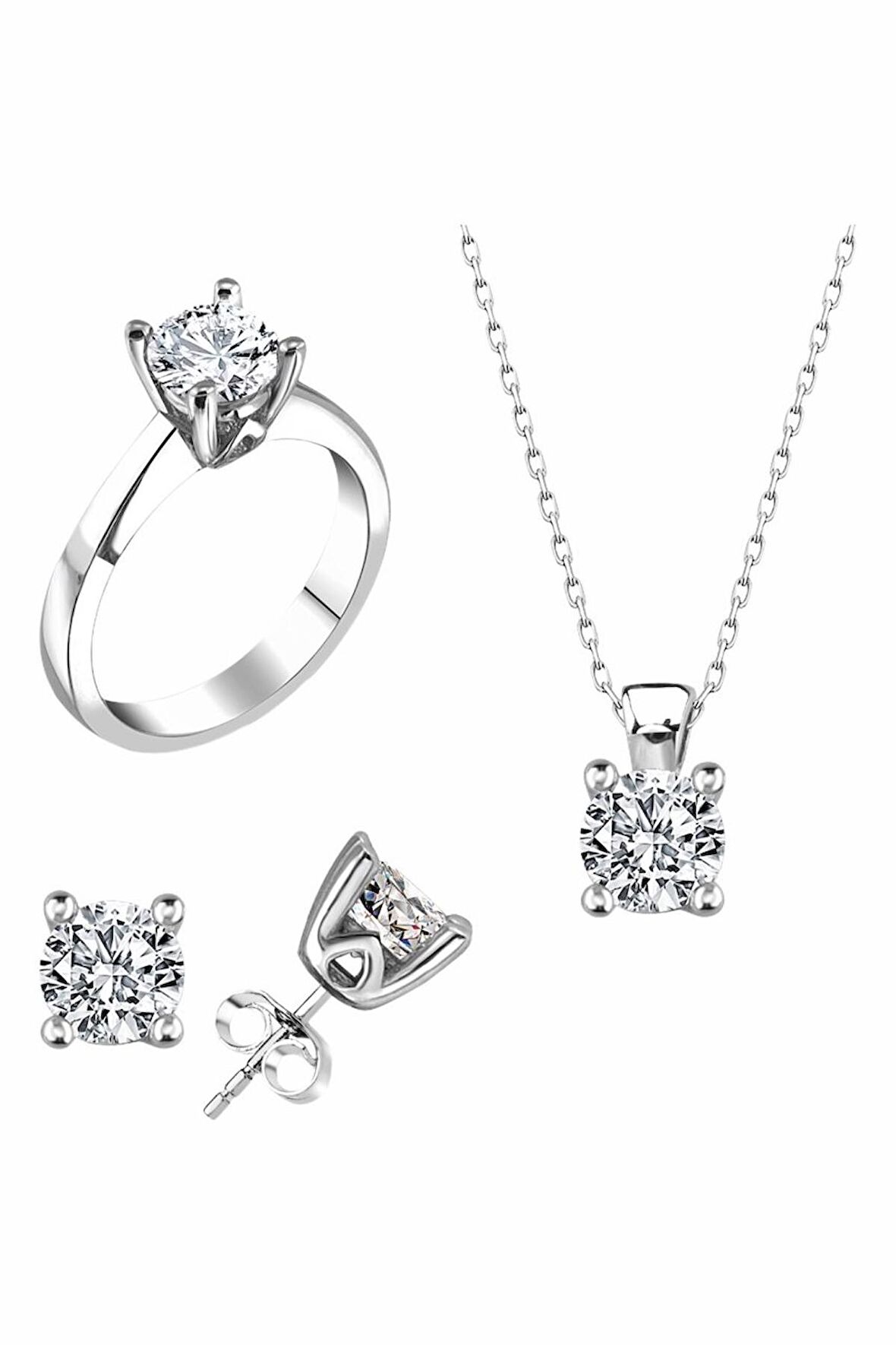 Sertifikalı Swarovski Tek Taş 925 Gümüş Set Takım