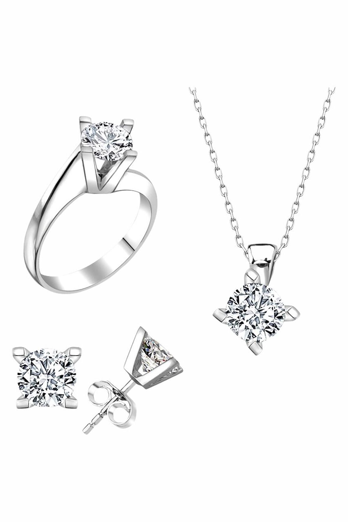 Sertifikalı Swarovski Taş Sarmaşık Tek Taş 925 Gümüş Set Takım