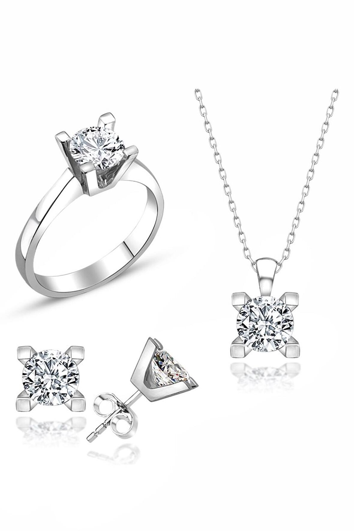 Sertifikalı Swarovski Altın Montür Tektaş 925 Gümüş Set Takım