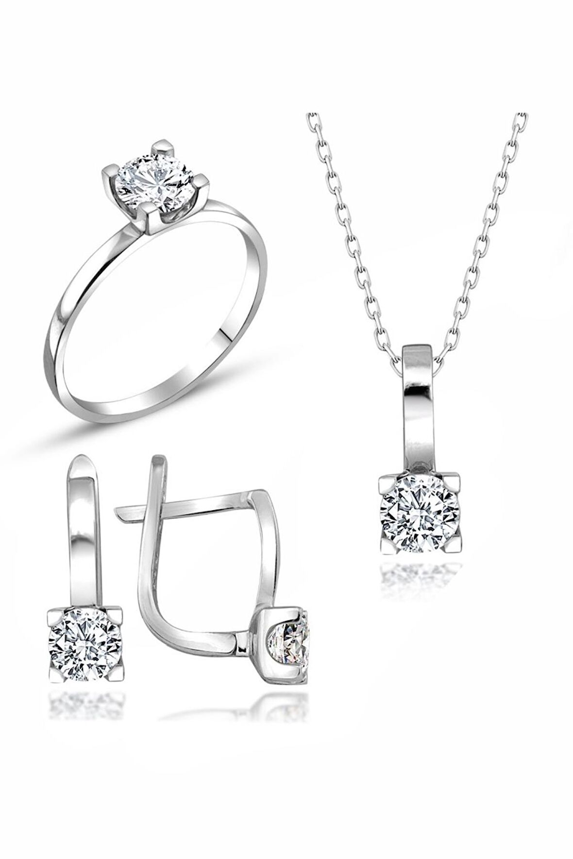 Sertifikalı Swarovski Tektaş Taşlı 925 Gümüş Set Takım