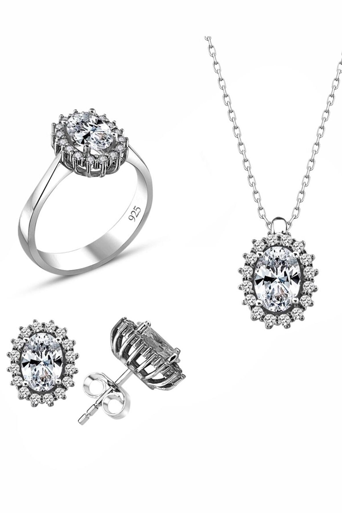 Sertifikalı Swarovski Oval Kesim Tek Taş 925 Gümüş Set