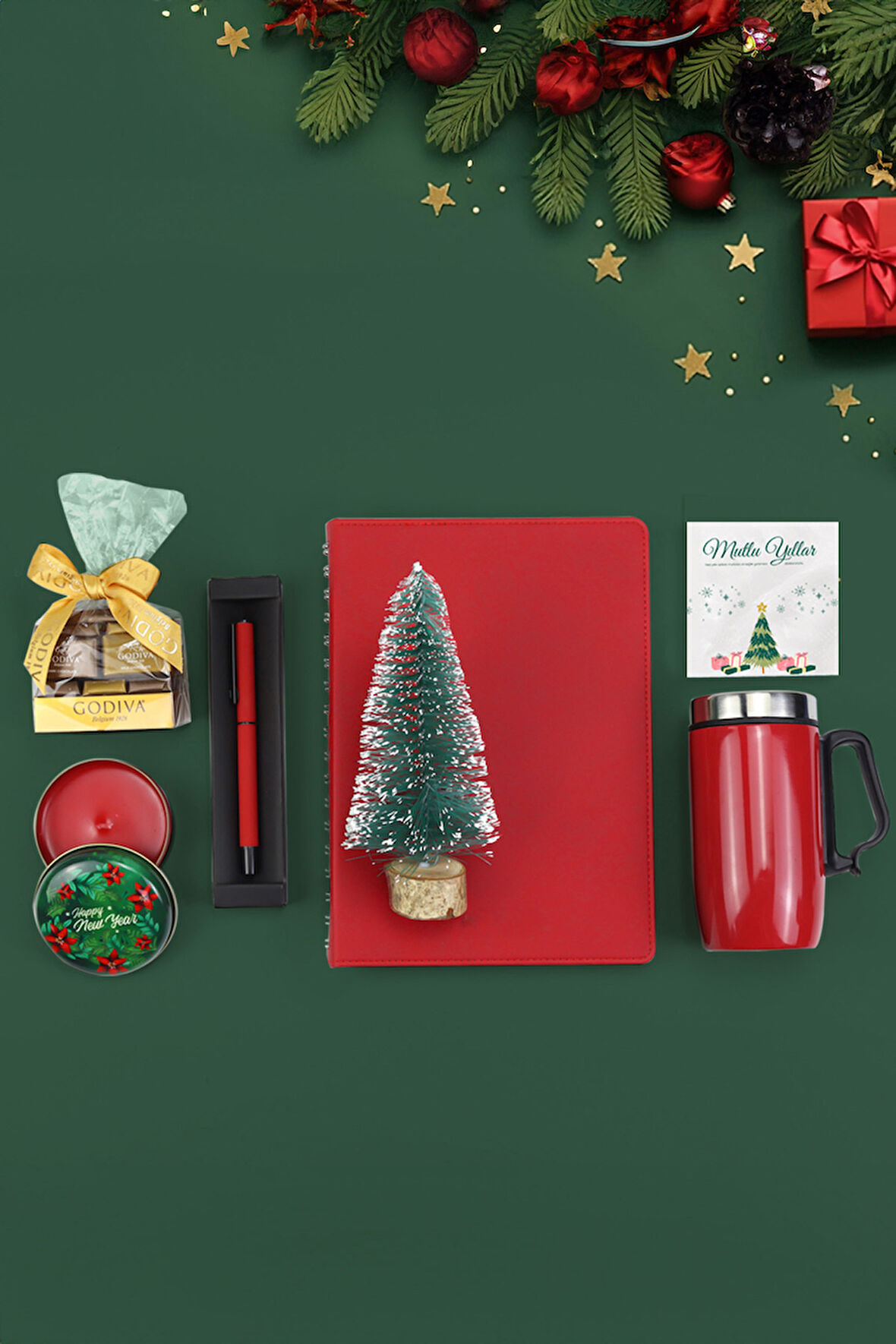 Kırmızı Ajanda & Çelik Termos & Kalem & Çam Ağacı & Godiva Çikolata & Yılbaşı Temalı Mum Hediye Seti