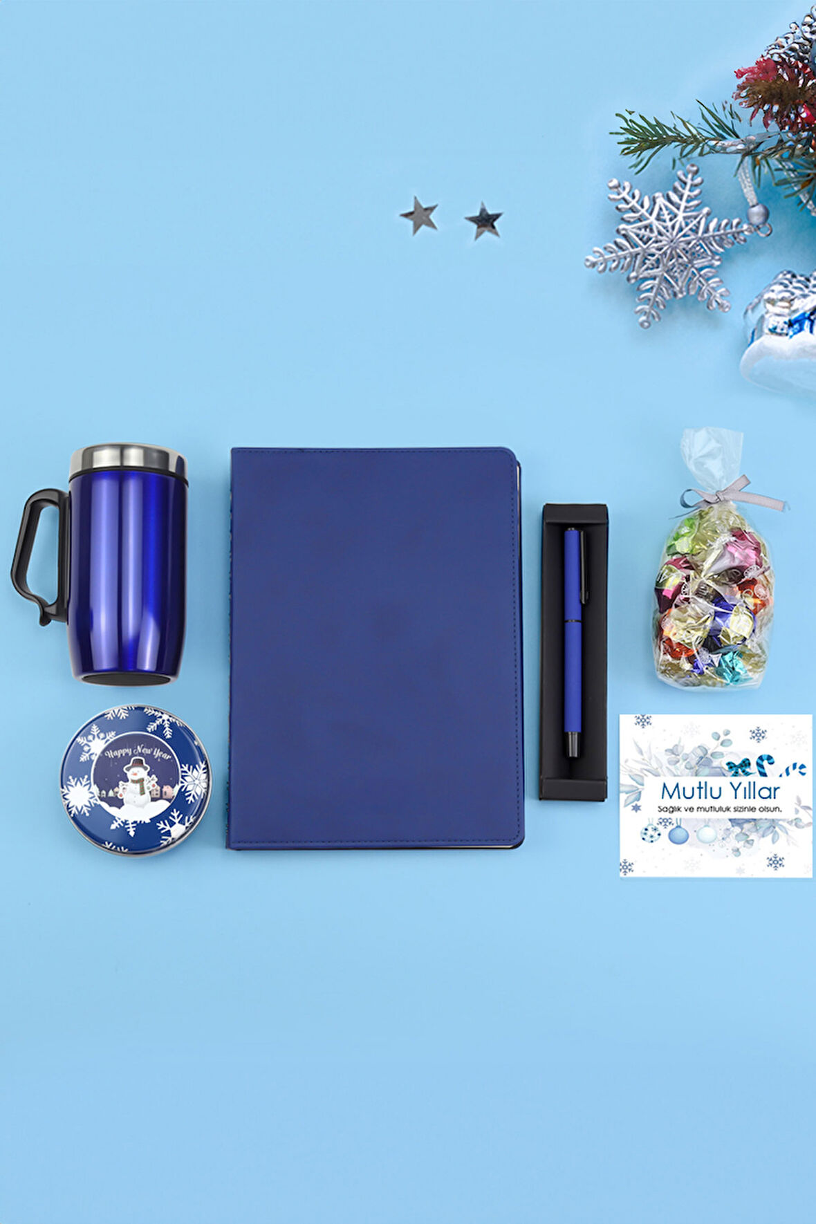 Mavi Spiralli Ajanda & Roller Kalem & Kulplu Çelik Termos & Kutulu Mum & Lavi Çikolata Hediye Seti
