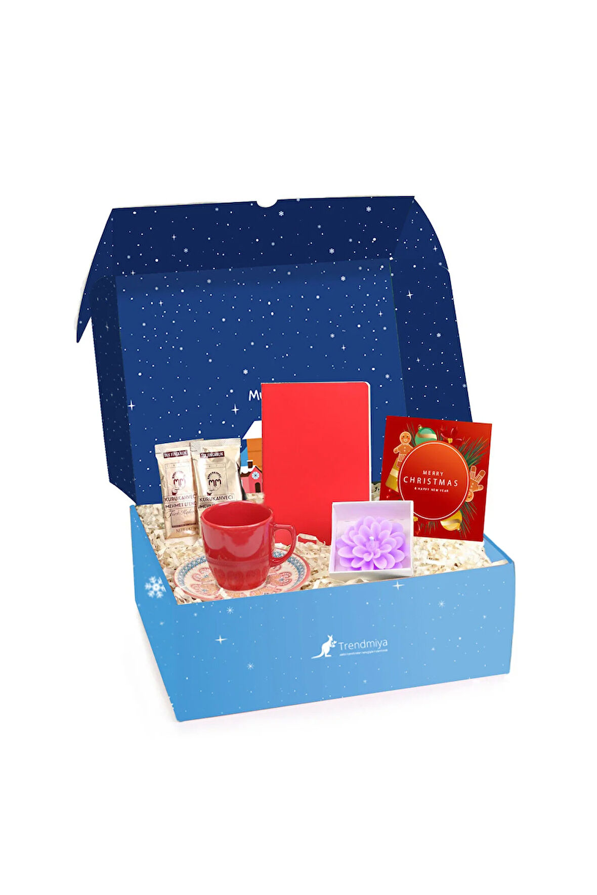 Yılbaşına Özel Kutusunda Kırmızı Türk Kahvesi Fincanı & 2'li Türk Kahvesi & Defter & Mum Hediye Seti