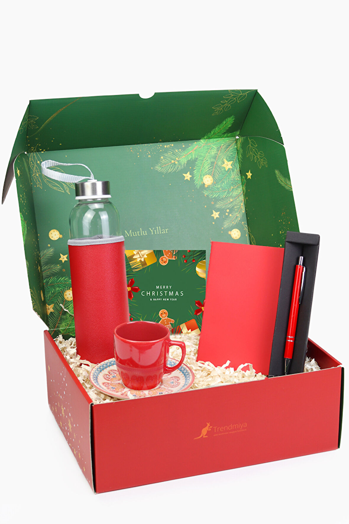 Gümüş Renk Detaylı Kırmızı Tükenmez Kalem & Mini Not Defteri & Fincan & Su Matarası