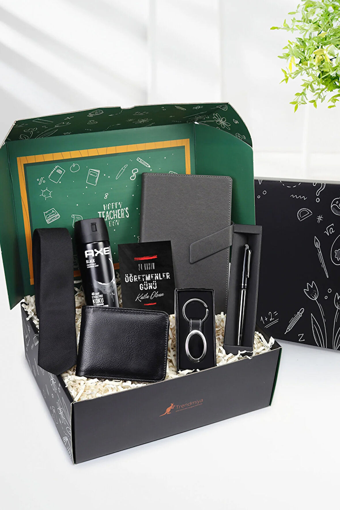 Öğretmene Özel Kalem & Gri Defter & Anahtarlık & Deodorant & Suni Deri Cüzdan & Kravat Hediye Seti