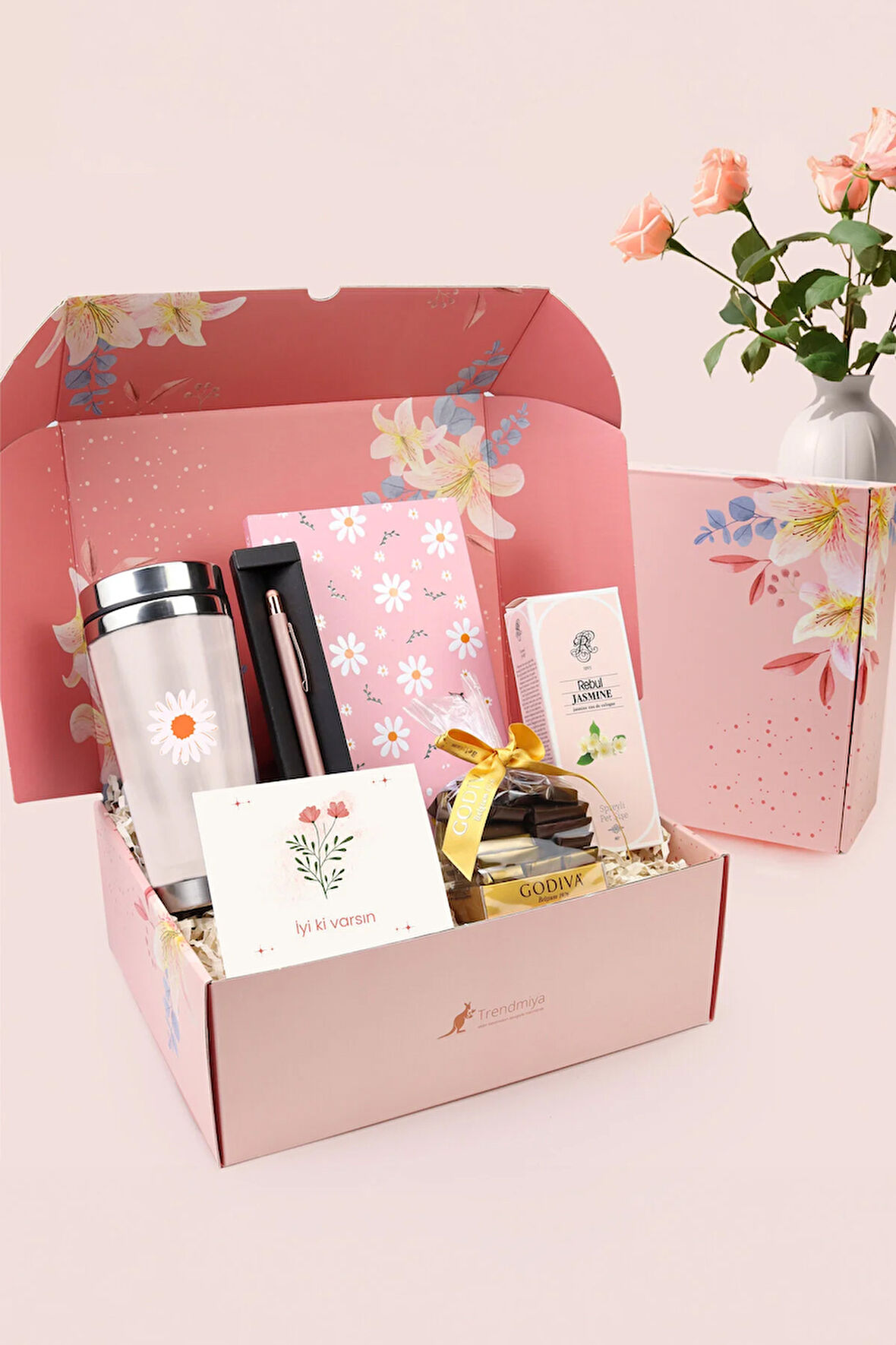 Pembe Kutusunda Çelik Termos & Rose Tükenmez Kalem & Defter & Kolonya & Çikolata Hediye Seti