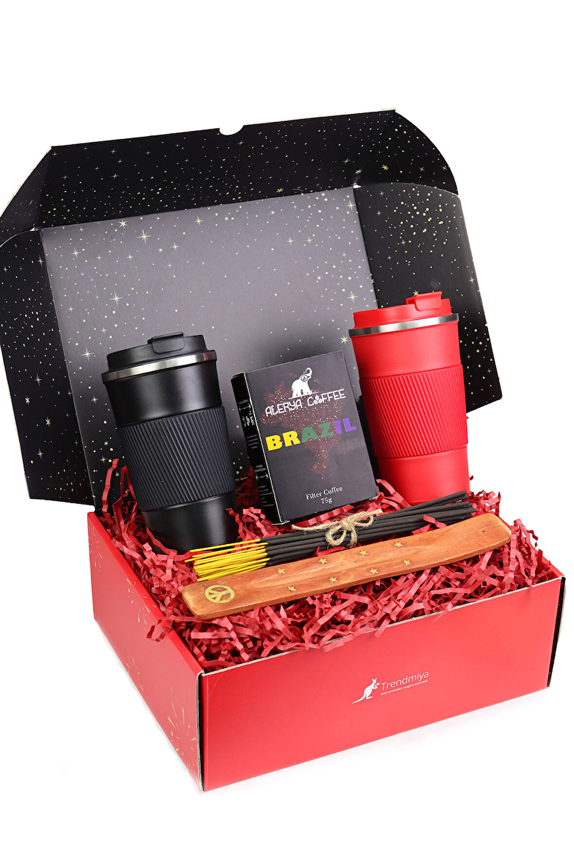 2'li Kırmızı ve Siyah Termos & Tütsü & Filtre Kahve Hediye Seti
