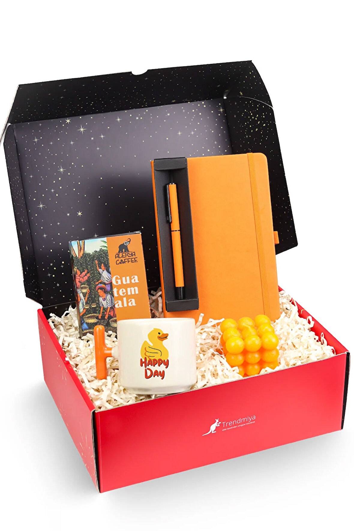 Turuncu Defter & Roller Kalem & Kupa & Filtre Kahve & Mum Hediye Seti