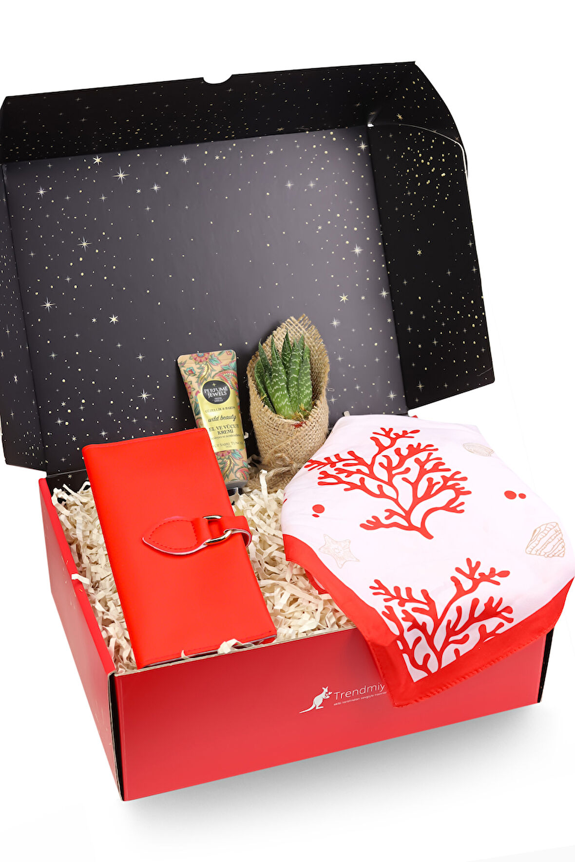 Kırmızı Cüzdan & Tasarım Fular & Sukulent Çiçek & El Kremi Hediye Seti