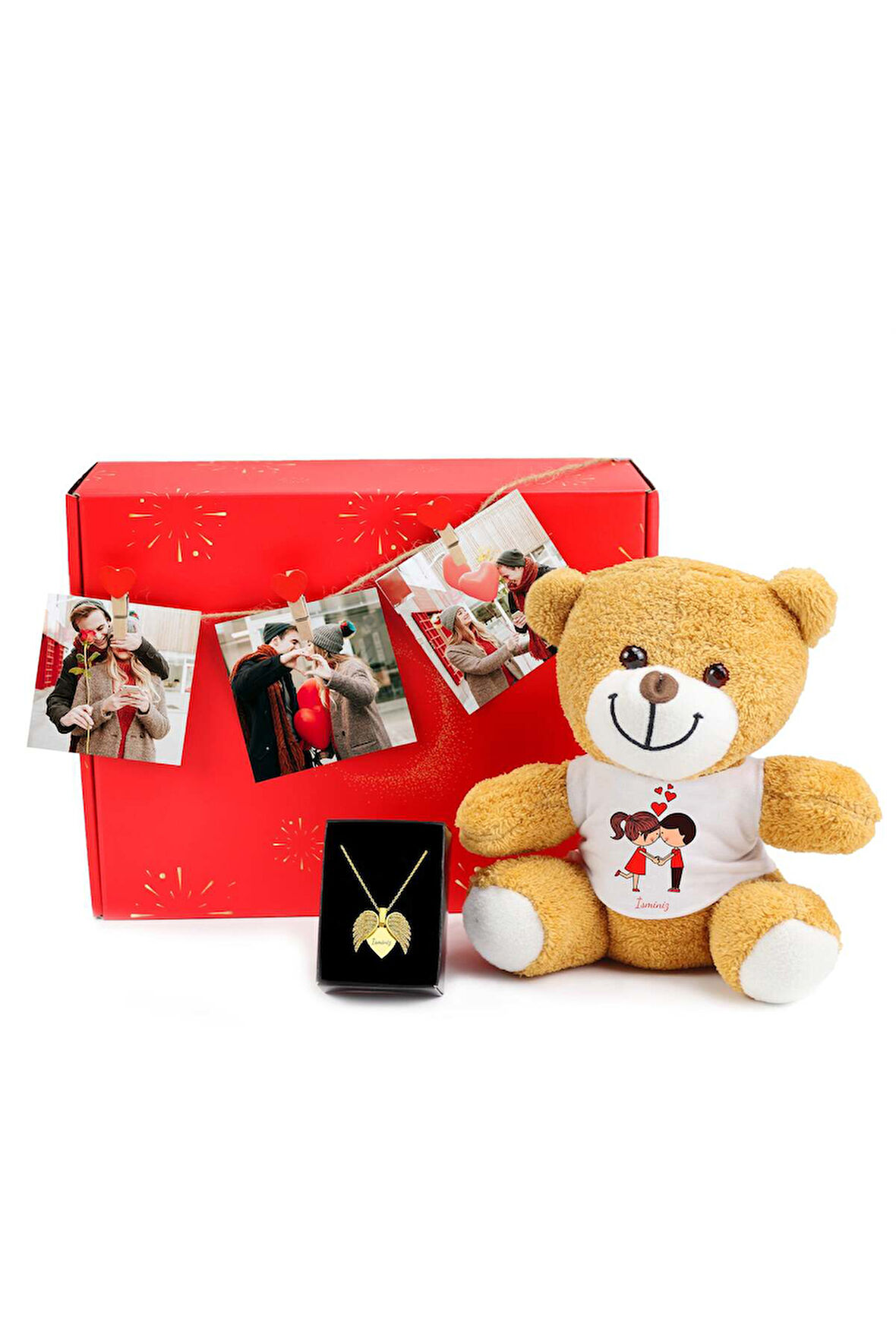 Sevgiliye Özel Melek Kolye & Peluş Ayıcık & Mandallı Fotoğraf İpi Hediye Kutusu