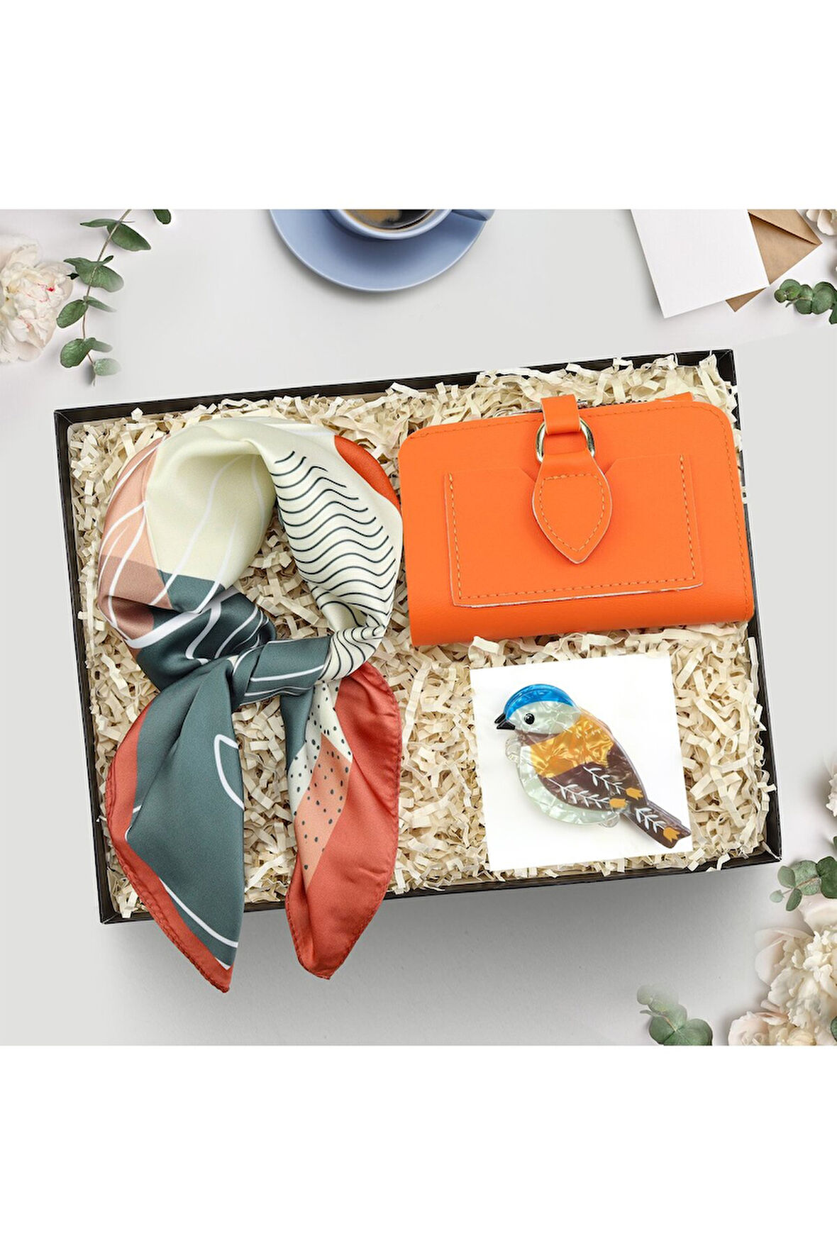 Yumuşak Deri Kartlık Cüzdan & Tasarım Fular & Kuş Kemik Mandal Toka Hediye Seti