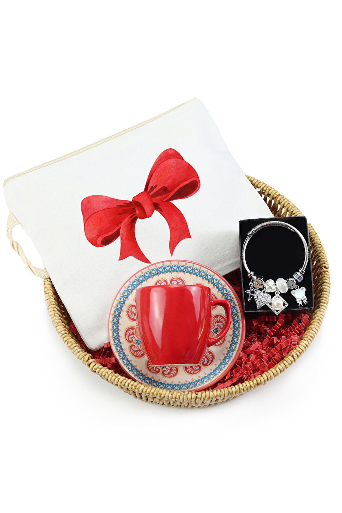 Kurdele Bez Çanta & Kahve Fincanı & Bileklik Hediye Sepeti