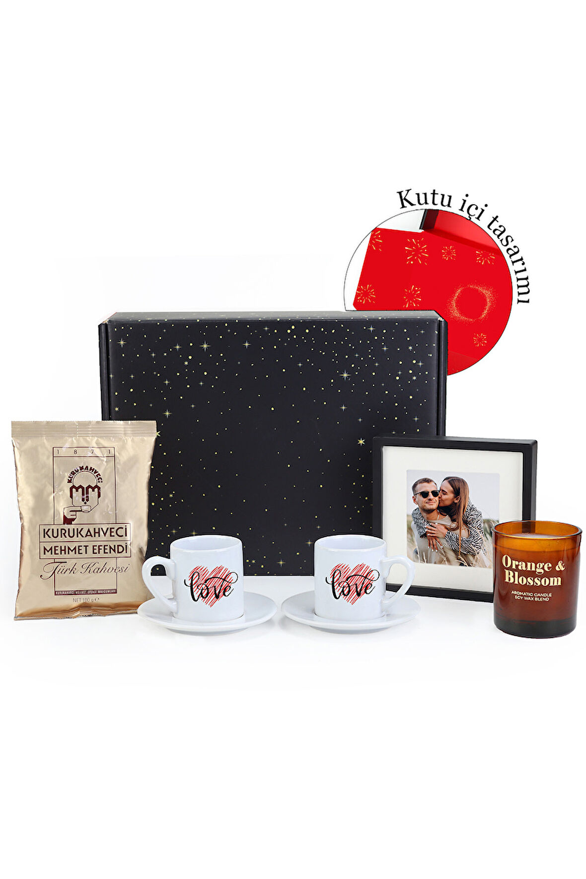 Sevgiliye Özel 2 Adet Türk Kahvesi Fincanı & Çerçeve & Bardak Mum & Türk Kahvesi Hediye Seti