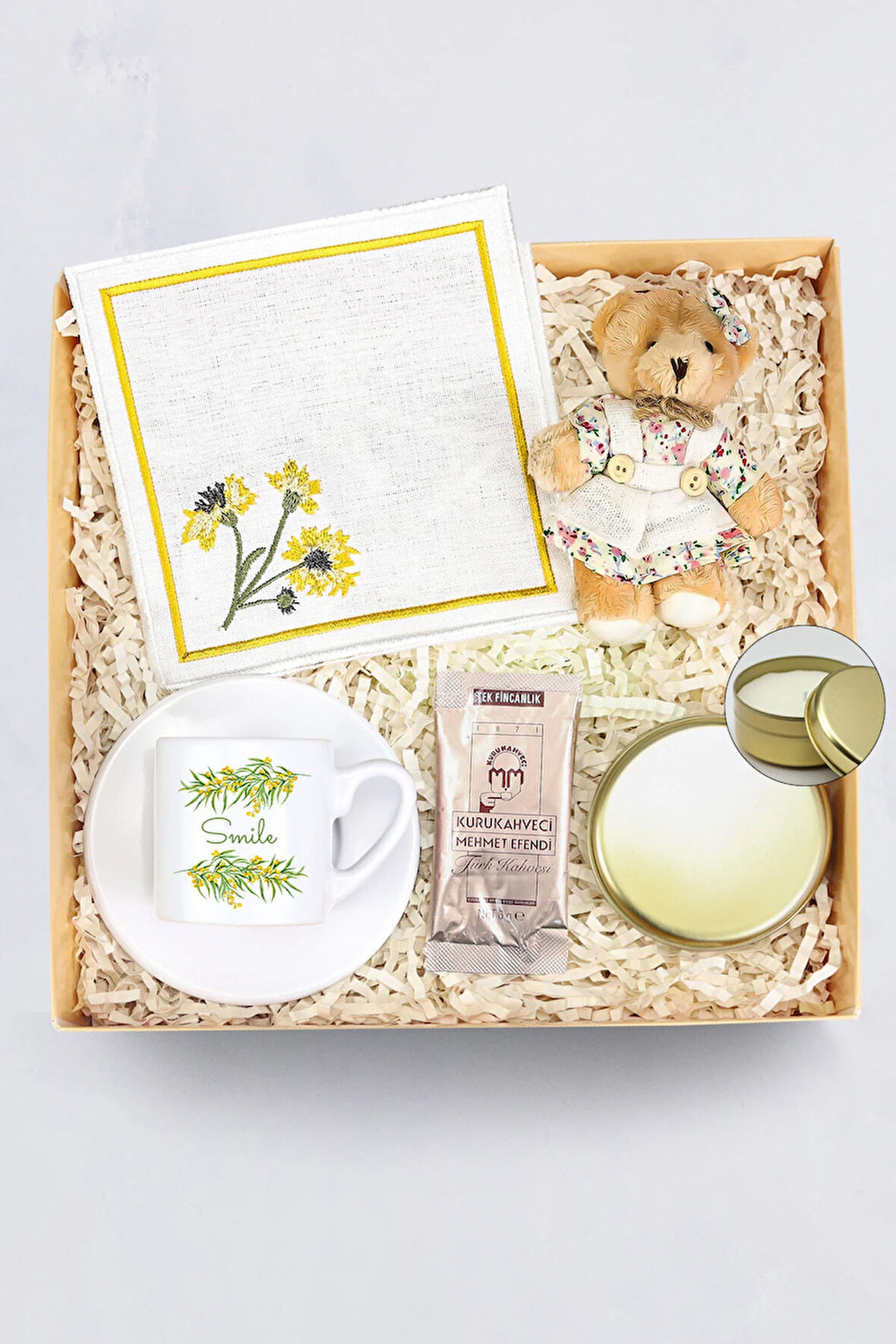 Mum & Kahve & Ayıcık Anahtarlık & Fincan & Sunum Peçetesi Hediye Seti