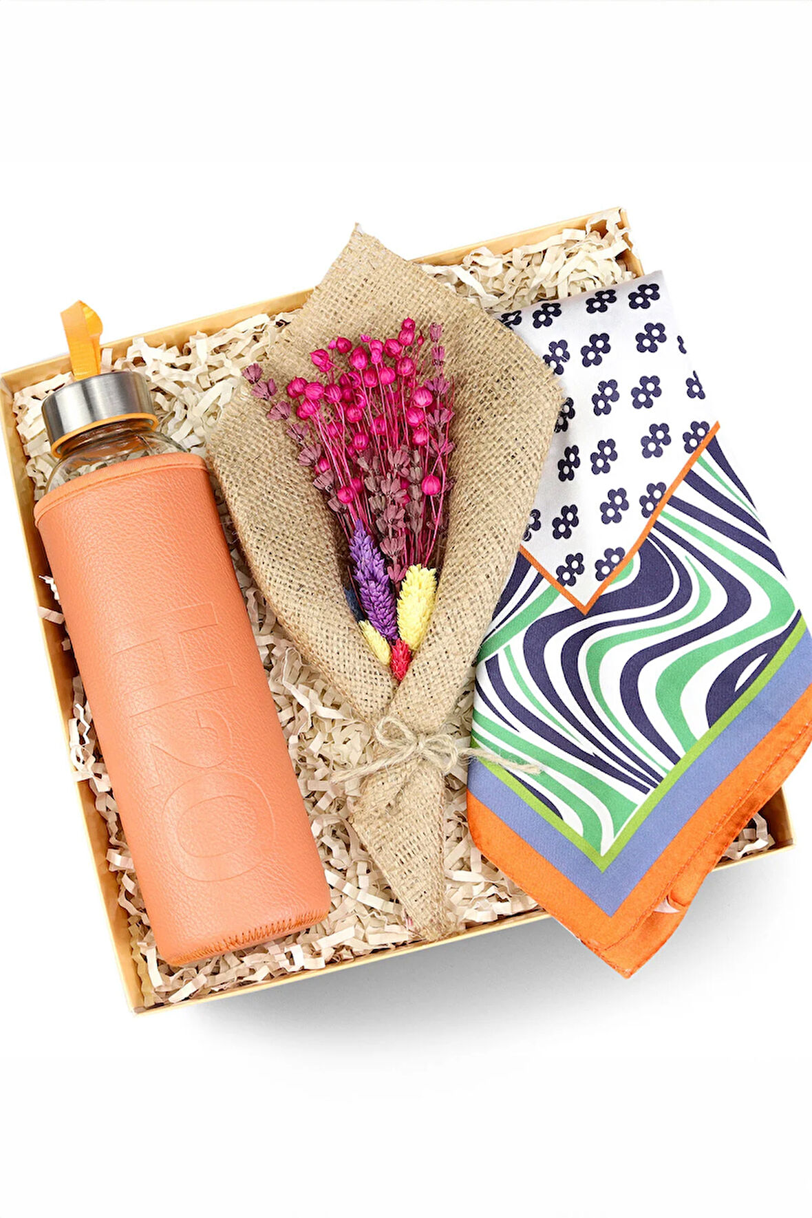 Turuncu Matara & Buket Çiçek & Turuncu Desen Fular Hediye Seti