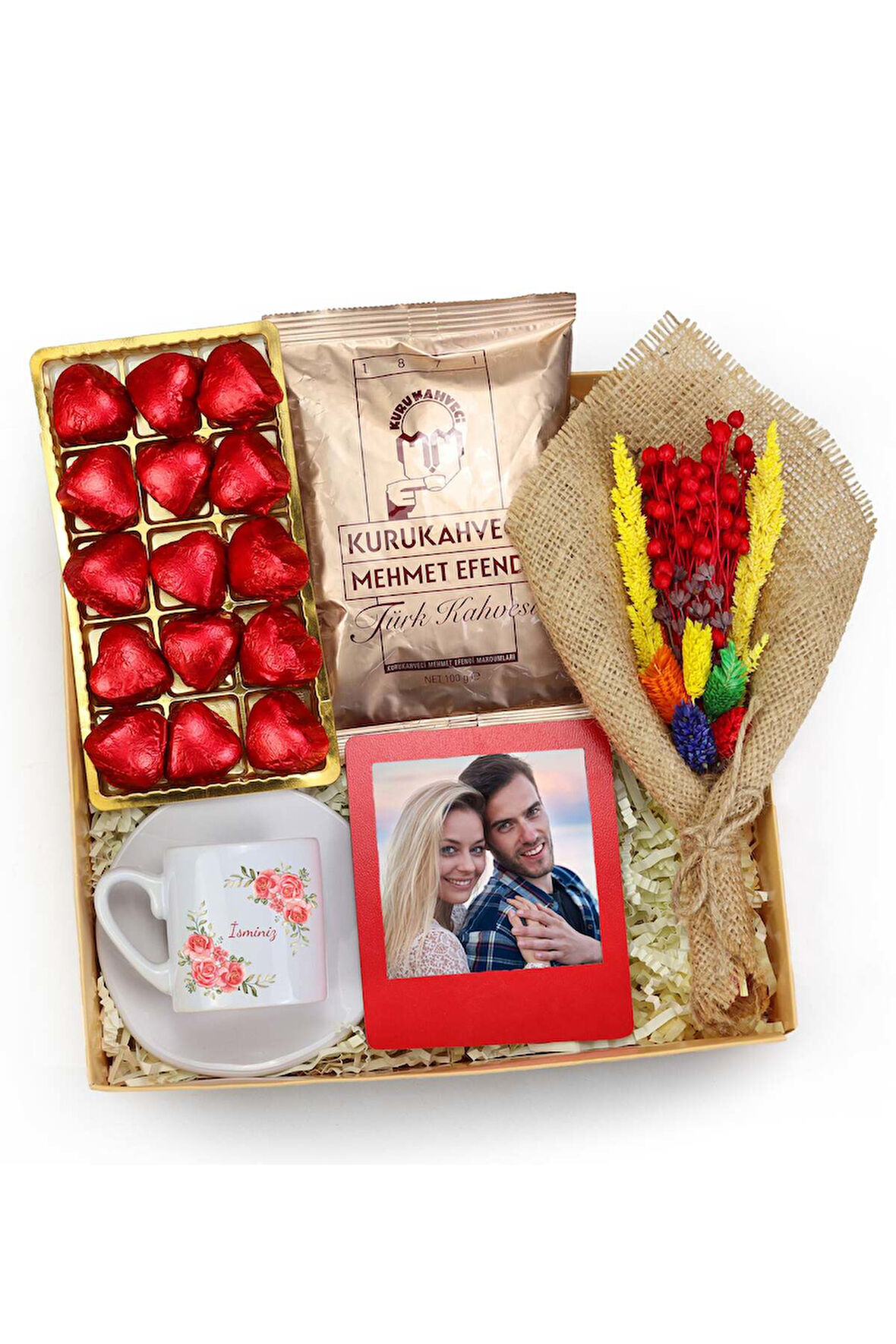 Kişiye Özel Fincan & Çiçek & Çerçeve & Çikolata & Türk Kahvesi Hediye Seti