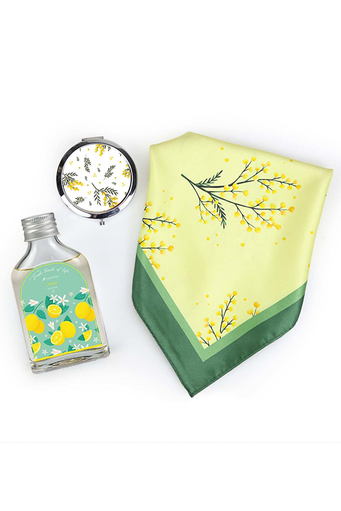 Mimoza Desenli Fular & Ayna & Kolonya Hediye Seti