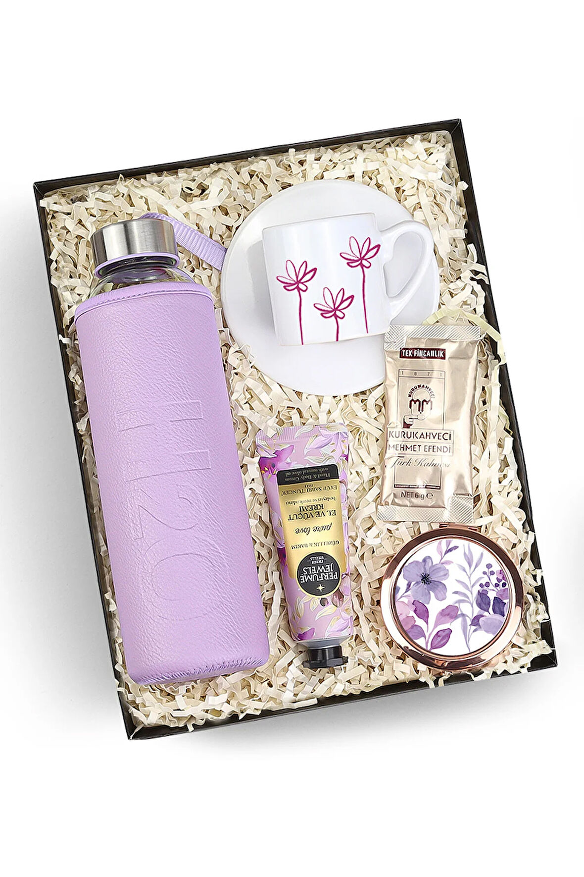 Mor Matara & Fincan & Krem & Ayna & Kahve Kadınlara Özel Hediye Seti